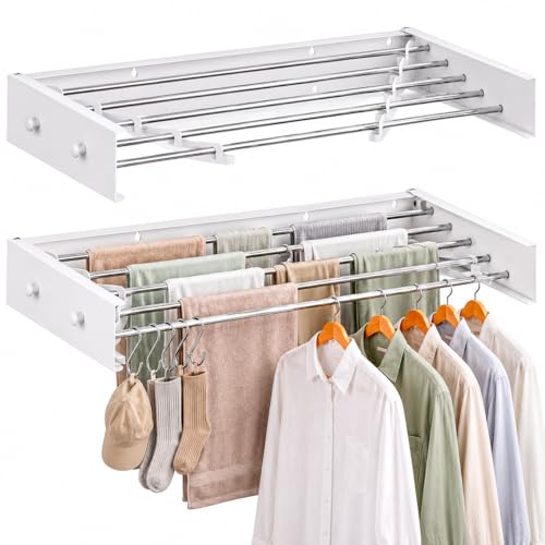 Wall Mounted Drying Rack Stainless Steel 31.5", Foldable Clothes Drying Rack with 4 Hooks & 5 Rods, Heavy Duty Outdoor Indoor Clothes Drying Rack for Apartment Bathroom Balcony Laundry Room