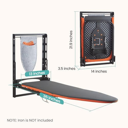 Seiritex Wall Mounted Ironing Board with Iron Holder, 36x13 Compact Mount Foldable Ironing Board for Small Spaces, Space Saving with Cotton Fabric Cover and Silicone Iron Rest - size: 13x36 inches