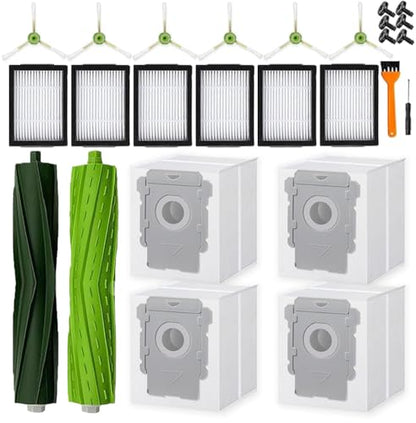 19 Pack of replacement parts, Suitable for iRobot Roombai3 i3+ i7 i7+ i4+ i5 i5+ j5 j5+ i6 i6+ i8 i8+ i2 J7 E5 i&E&J series vacuum cleaner, 1 Set Rubber Brushes 6 filters, 6 edge brushes, 4 dust bags