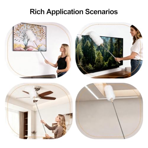 White Lambswool Extendable Duster, 32-98 Inch Bendable Wool Head with Anti-Static Properties and Stainless Steel Extension Pole for Ceiling Fans, High Walls, and Roof Dusting(one Pack) - size: white wool