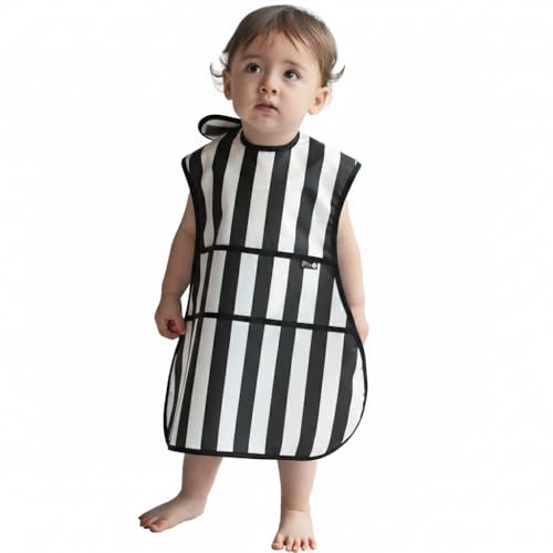Plie Full Coverage Waterproof Feeding Bib for Toddlers – Extra Long Apron Bib for Mealtime, Self-Feeding, High Chairn - color: Black Stripe
