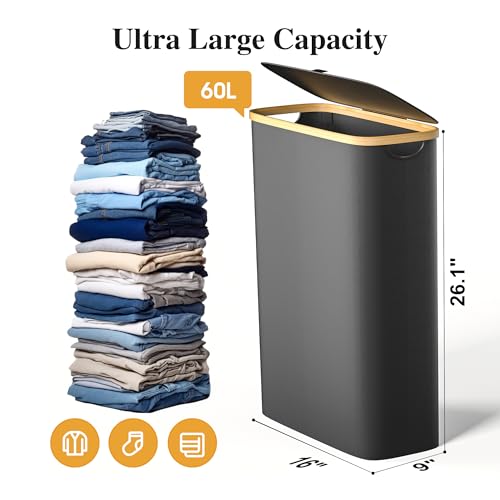 Foluck Slim Laundry Hamper, 60L Waterproof Narrow Laundry Basket with Lid and Removable Bag, Collapsible Tall Clothes Hamper with Bamboo Handles for Clothes Toys in Dorm Bedroom Bathroom, Black - color: Black, size: 60L