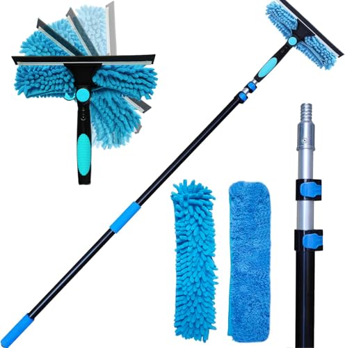 20 Ft+ Reach 2 In 1 Window Squeegee Duster with 5-to-12 Foot Extension Pole, Cleaner Tool with 3-Stage Telescoping Pole, Cleaning Kit with Rotatable Head - Chenille Cloth + Microfibre Cloths Head
