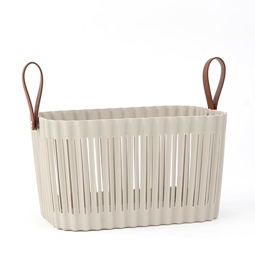 Large Plastic Storage Basket with Soft Handles – Tan & Brown Decorative Bin for Bathroom, Laundry, or Living Room – Rectangular Organizer Basket, 10L - color: Tan, size: 10L