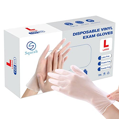 squish Disposable Gloves, 100 Count 4 mil Clear Vinyl Gloves Latex Free Powder-Free Health Glove Cleaning Rubber Glove for Kitchen Cooking Cleaning Food Handling, Large - size: Large (Pack of 100)