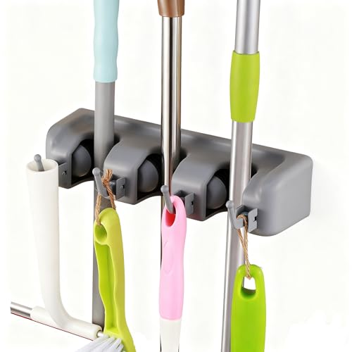 TOGU 2 Pack Mop and Broom Holder Wall Mounted 3 Position Storage Rack with 4 Retractable Hooks Holds up to 7 Tools Utility Weatherproof Holder for Garage Storage Systems Broom Organizer,Gray