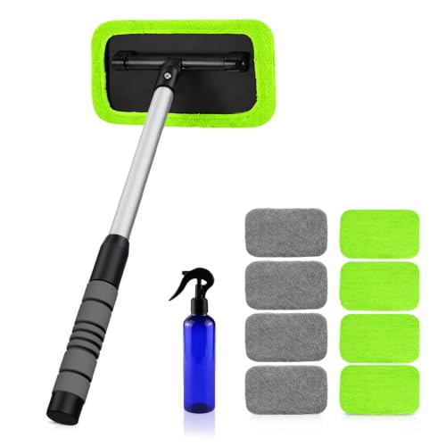 XINDELL Interior Windshield Cleaner Tool – Car Window Cleaning Tool Extendable Handle for Easy Cleaning, 9pcs Reusable Microfiber Pads, Streak-Free Interior & Exterior Auto Glass Cleaner - size: 17in