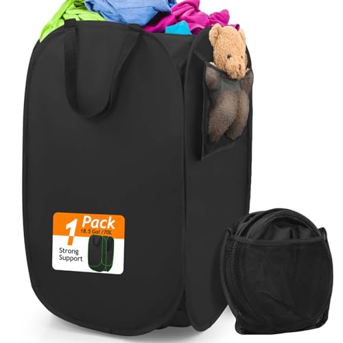 House Again Upgraded Polyester Pop-up Laundry Hamper, 70L (18.5 Gal) Laundry Basket with Durable Handles, Solid Bottom, High Carbon Steel Frame and Side Pocket, Easy to Open and Fold Flat for Storage - color: Deep Black, size: 1-Pack