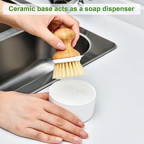 SUBEKYU Bamboo Dish Brush, Kitchen Dish Scrubber Brush with Soap Dispenser, Natural Wooden Dishwashing Brush for Cleaning Dishes/Pans/Pots, Built-in Scraper, Sisal Bristles,1 Set