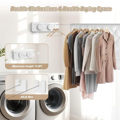 Retractable Clothesline Indoor, Non-Sagging Outdoor Clothes Line Retracting, 16.7 Ft Heavy Duty Clothes Drying Laundry Line, Wall Mounted Stainless Steel Clothesline for Balconies (Double line-White) - color: Double Line-white