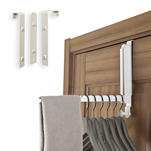 Folding Clothes Drying Rack with 3 Brackets for Over The Door and Wall Mount, All Metal Laundry Dryer Rack with Retractable Rod for Towel, Fit Doors Thickness from 0.59in to 1.96in (Cream White) - color: White/3 Brackets