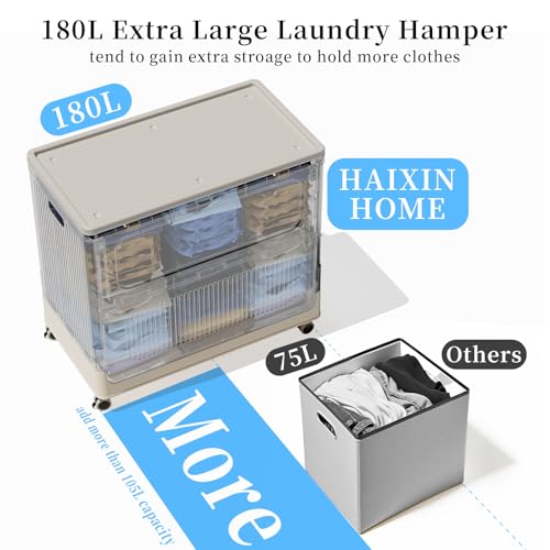 Extra Large Laundry Hamper with Lid Wheels 180L - color: Milky, size: 180L