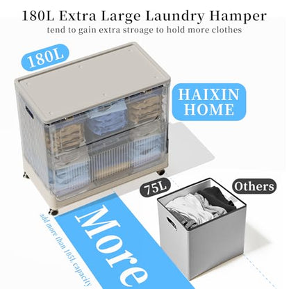 Extra Large Laundry Hamper with Lid Wheels 180L - color: Milky, size: 180L