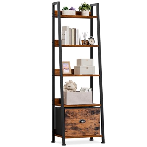 Furologee Ladder Shelf, 5 Tier Bookshelf with Fabric Drawer, Rustic Brown - color: Rustic Brown, size: 5-Tier, 15" W