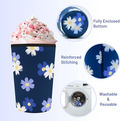 Iced Coffee Sleeve Reusable Neoprene Cup Sleeves, White Floral - color: Blue White Floral