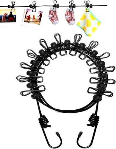 1 Pack Portable Clothesline with 12 Clothespins, Travel Clothesline Stretchy Retractable Elastic Laundry Clothes Line for Backyard, Vacation Hotel, Balcony Clothes Drying Line (Black) - style: Black