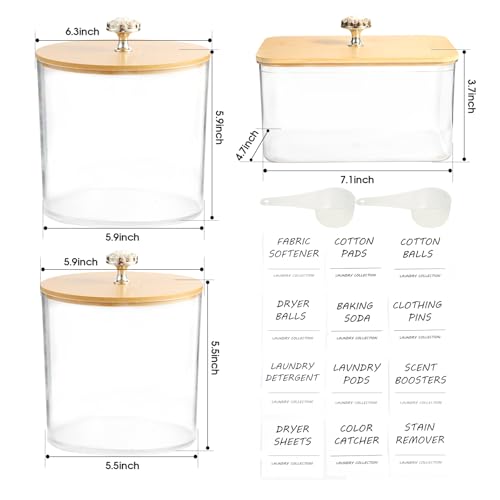 3 Pack Laundry Room Organization Storage Containers, Plastic Clear Laundry Pods Container & Dryer Sheet Holder Jars with Lids, Scoops & Labels for Detergent, Powder, Dryer Balls, Beads - color: 3pcs-round