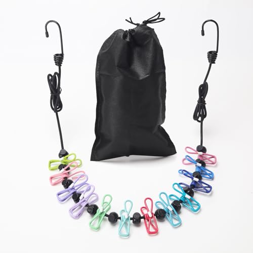 Travel Clothesline with 12 Clips & 13 Anti-Slip Beads – Portable Retractable Clothes Line for Hotel Cruise Camping RV Indoor & Outdoor Use – Adjustable 10–12 ft,Nylon Cord with Steel Hooks + Carry Bag