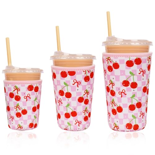 Reusable Insulated Neoprene Iced Coffee Cup Sleeve, Durable Drink Sleeve for Cold Beverages, Beverage Holder for Iced Coffee (Cherry Gleam) - color: Cherry Gleam