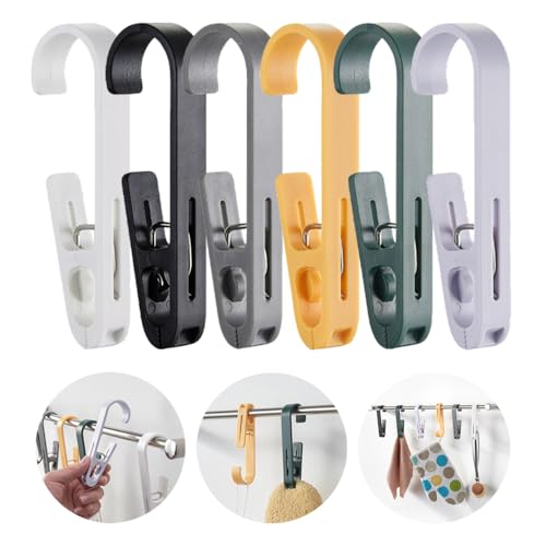 6Pcs Laundry Hooks with Clips Hanger Closet Organizer Clamps Hanging Socks Boot Bras Towels Shower Pegs for Bathroom Wardrobe Kitchen Office Holders Clothes Pins Heavy Duty Outdoor - color: 6 Colors