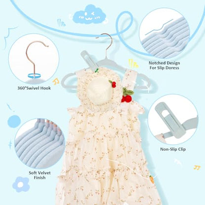 Tonswachic 30-Pack 11 Inch Baby Closet Hangers with 10 Clips - Soft Velvet Non-Slip Hangers for Infant & Toddler Clothes - Blue - color: Blue, size: 30 Pack