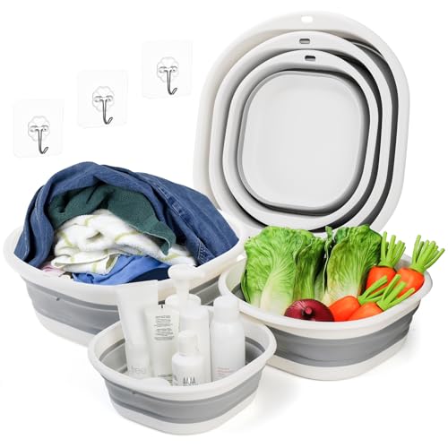 Goaste 3 Pack Collapsible Wash Basin, Portable Washing Basin, Foldable Dish Tub Square, Space Saving Plastic Washtub for Dishing, Fruit, Camping, Laundry, Hiking & Home (Grey)