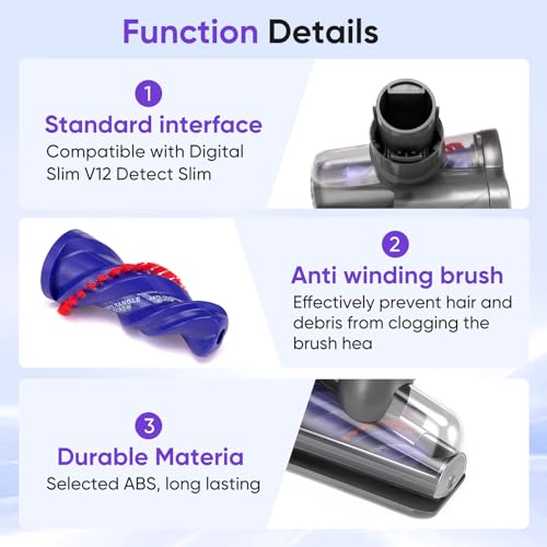 Mini Motorized Tool Brush Head Compatible with Dyson Digital Slim/V12 Detect Slim Cordless Vacuum Cleaner, Handheld Couch Vacuum Attachment Anti-Tangle Replacement Head Suitable for Long and Pet Hair - style: Slim V12Slim