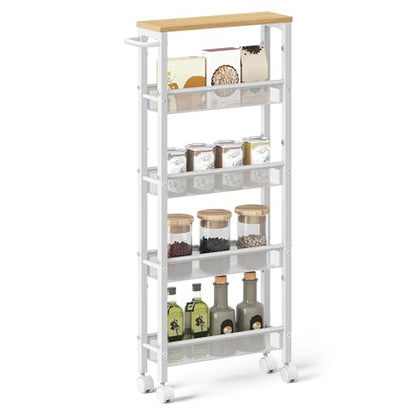 VASAGLE 5-Tier Slim Rolling Storage cart with Wheels, 5.1 Inches, Metal - color: Oak Beige + Classic White, size: 5 Tiers (5.1"D x 39.2"H)