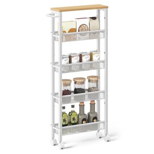 VASAGLE 5-Tier Slim Rolling Storage cart with Wheels, 5.1 Inches, Metal - color: Oak Beige + Classic White, size: 5 Tiers (5.1"D x 39.2"H)