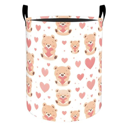Cute Teddy Bear Heart Laundry Basket Hamper for Boys Girls Kids Adults, Foldable Waterproof Oxford Clothes Storage Bin, Bear Heart Organizer for Bedroom Bathroom Room Decor 19.7"x15.7" - style: Teddy Bear