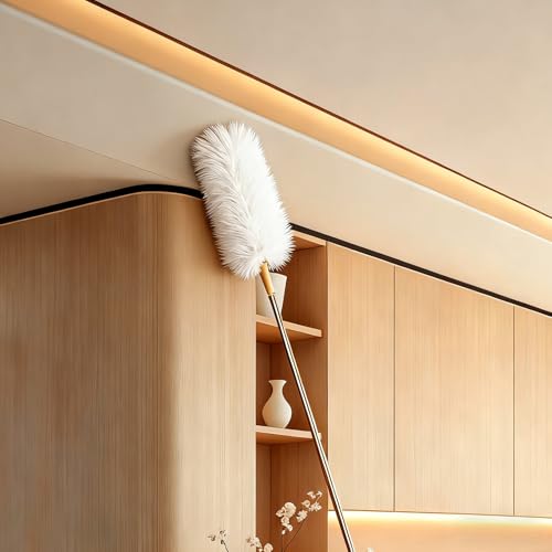 White Lambswool Extendable Duster, 32-98 Inch Bendable Wool Head with Anti-Static Properties and Stainless Steel Extension Pole for Ceiling Fans, High Walls, and Roof Dusting(one Pack) - size: white wool