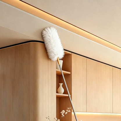 White Lambswool Extendable Duster, 32-98 Inch Bendable Wool Head with Anti-Static Properties and Stainless Steel Extension Pole for Ceiling Fans, High Walls, and Roof Dusting(one Pack) - size: white wool