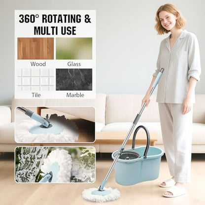 Spin Mop and Bucket with Wringer Set, 3 Microfiber Mop Heads, 51" Handle - color: Blue-3