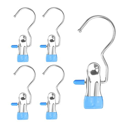 FuninCrea Laundry Hooks Clip, 5 Pcs Stainless Steel Anti-Slip Boot Laundry Hanger Clips Portable Heavy Duty Multi-Functional Single Hanging Clothes Clips for for Scarf, Gloves, Shoes, Socks (Blue) - color: Blue