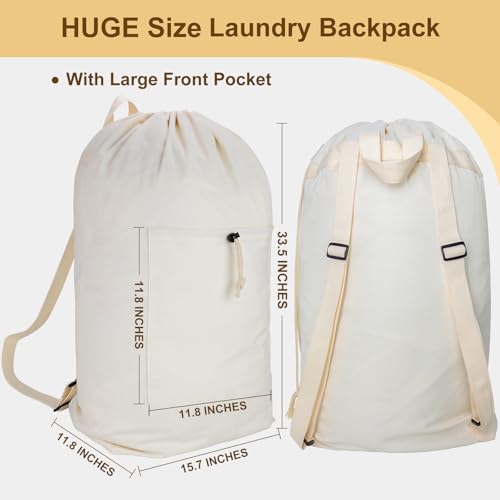 Laundry Backpack Canvas Laundry Bag with Straps Drawstring, Beige, XX-Large - color: Beige, size: XX-Large
