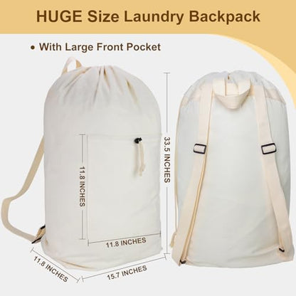 Laundry Backpack Canvas Laundry Bag with Straps Drawstring, Beige, XX-Large - color: Beige, size: XX-Large
