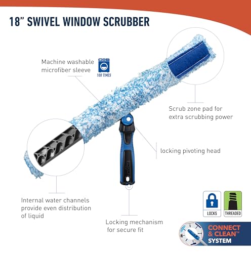Unger Professional Connect and Clean 18” Grip Microfiber Window Scrubber with 8’ Pole, High-Access Glass Surface Household Cleaning Supplies and Tools, Reusable Microfiber Sleeve