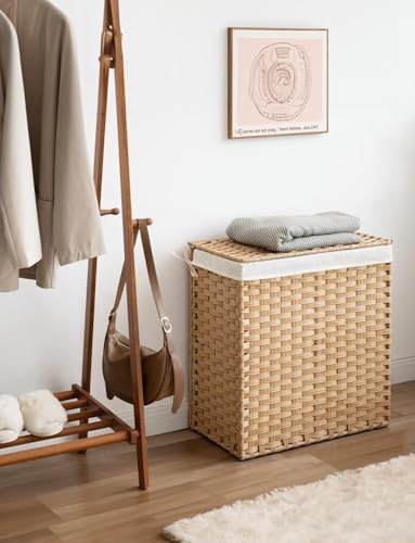 Laundry Hamper with Lid, 90 L Rattan Clothes Laundry Basket with Lid and Handles, Foldable Clothes Hamper, Removable Liner, Goose Yellow - color: Goose Yellow, size: 90 L