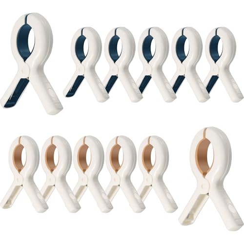 Large Beach Towel Clips Heavy Duty Plastic Towel Clips for Beach Pool Chairs on Cruise Boat Windproof Beach Clips Pins with Stronger Spring Hold Tightly Beach Cruise Essentials (12, Blue and Khaki) - color: Blue and Khaki