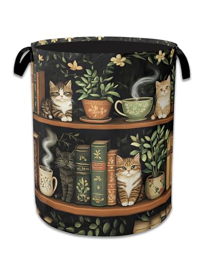 Cute Cat Laundry Basket,Foldable Oxford Cloth Bookshelf Laundry Hamper With Handle, 20.8"x16" Portable Clothes Storage Basket Bag for Laundry Room/Bathroom/Bedroom/Dormitories - color: Cute Cat Bookshelf