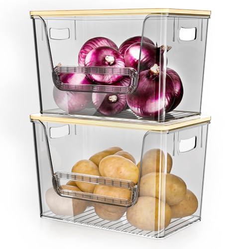 Delamu 2 Set Pantry Organizers and Storage,Trash Bag Dispenser with Bamboo Top,Stackable Trash Bag Dispenser Under Sink Organizer for 4-30 GalBags,Onion,Potato,Fruits,Gray(11.22" L*7" W*7.12" H) - color: Translucent Gray, size: 2pack