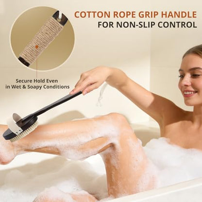 Dry & Wet Body Brush, Natural Boar Bristle Back Scrubber, Brown - color: Dark Brown