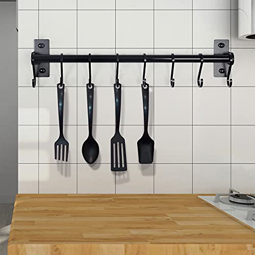 Dseap Kitchen Utensil Holder Hanger, Pot and Pan Rack Wall Mounted, Kitchen Rail with 8 Hooks for Hanging Cooking Utensils, Mugs, Spoons, Wall Mounted, Black - color: Black