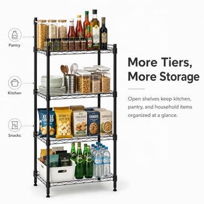 4 Tier Storage Shelves, Metal Wire Shelving Unit, Heavy Duty Adjustable Shelf Rack for Pantry, Kitchen, Garage and Laundry Room, Black - size: M-4