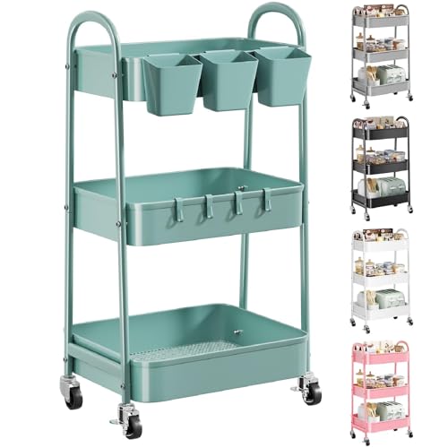 3 Tier Green Metal Rolling Cart with Lockable Wheels and Handle, 3 Tiered - color: Elegant Green, size: 3 tier