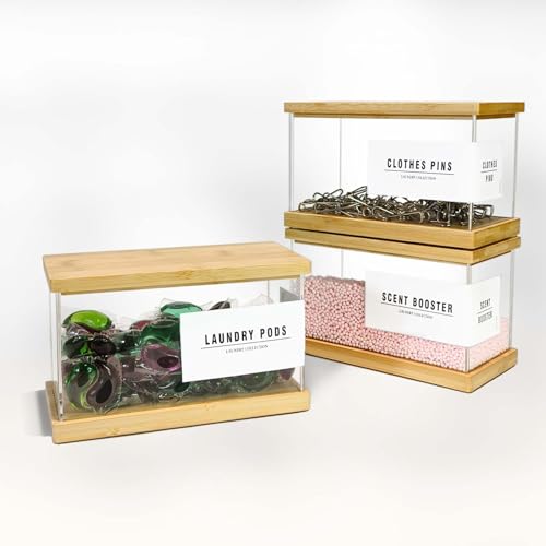 Coffee Pod Holder Laundry Pods Container, Acrylic Dishwasher Pod Container with Bamboo Lid and Extra Labels, Candy Dispenser for Coffee Bar Kitchen Countertop