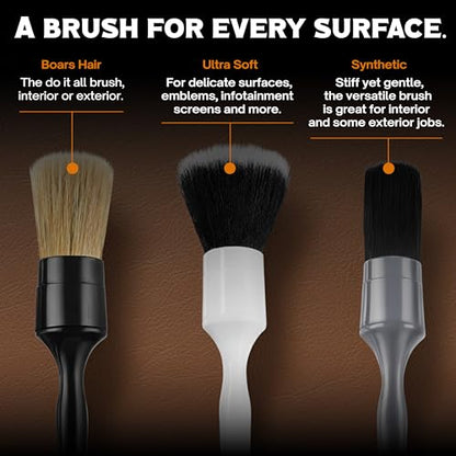 Premium Car Detailing Brush Set - Complete 6 Pack Kit - 2 Boar's Hair, 2 Ultra Soft, 2 Synthetic Bristles - Car Detail Brush for All Surfaces, Leather Seats, Air Vents, Wheels & Emblems, and More - color: Multi (6 Pack)