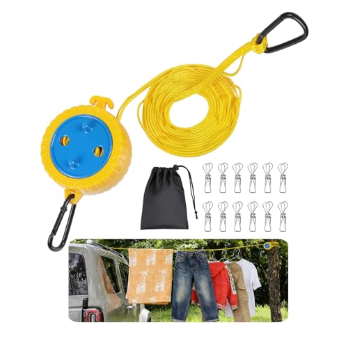 Retractable Camping Clothesline, Portable Travel Clothes Line, Windproof Laundry Line with Clothespins & Hang Holes, Indoor Outdoor Drying Rope for Hotel Trip, Cruise, RV (Yellow, 12.5 Ft)