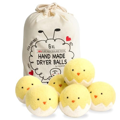 Calindiana 100% Organic Premium New Zealand Wool Dryer Balls Laundry Reusable Fabric Softener, Cute Dryer Sheets Alternative, Anti Static XL Size 6 Pack, Yellow Chick - color: Yellow