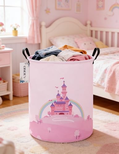 Round Foldable Pink Fairy Castle Laundry Hamper for Teens and Young Adults - color: Round Pink Castle